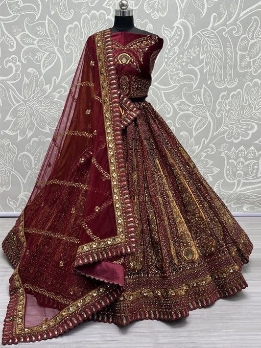 Velvet Bridal Lehenga Choli with Double Dupatta With Embroidered work in Red color-91052