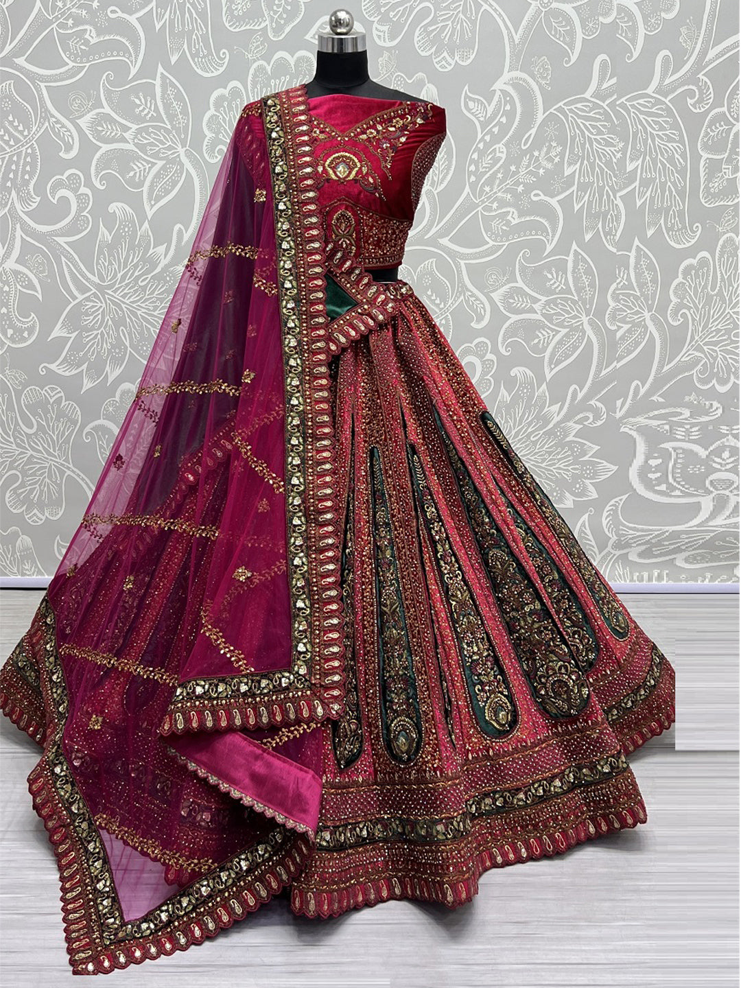 Velvet Bridal Lehenga Choli with Double Dupatta With Embroidered work in Red color-91053