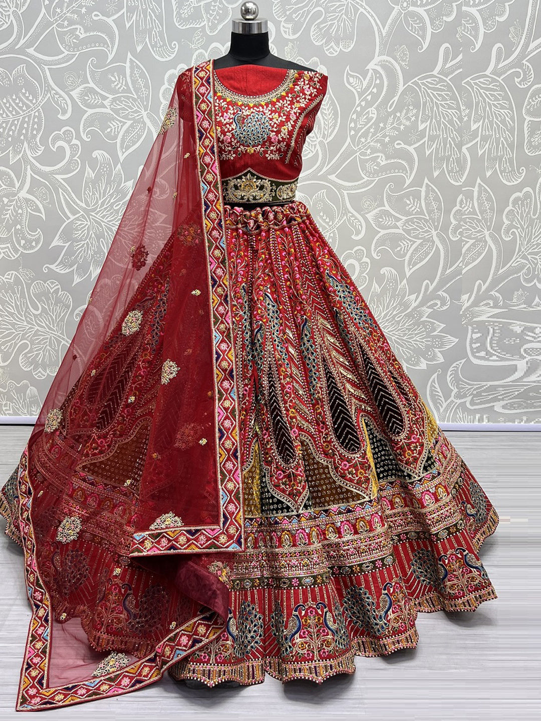 Silk Bridal Lehenga Choli with Dupatta With Embroidered work in Red color-91054