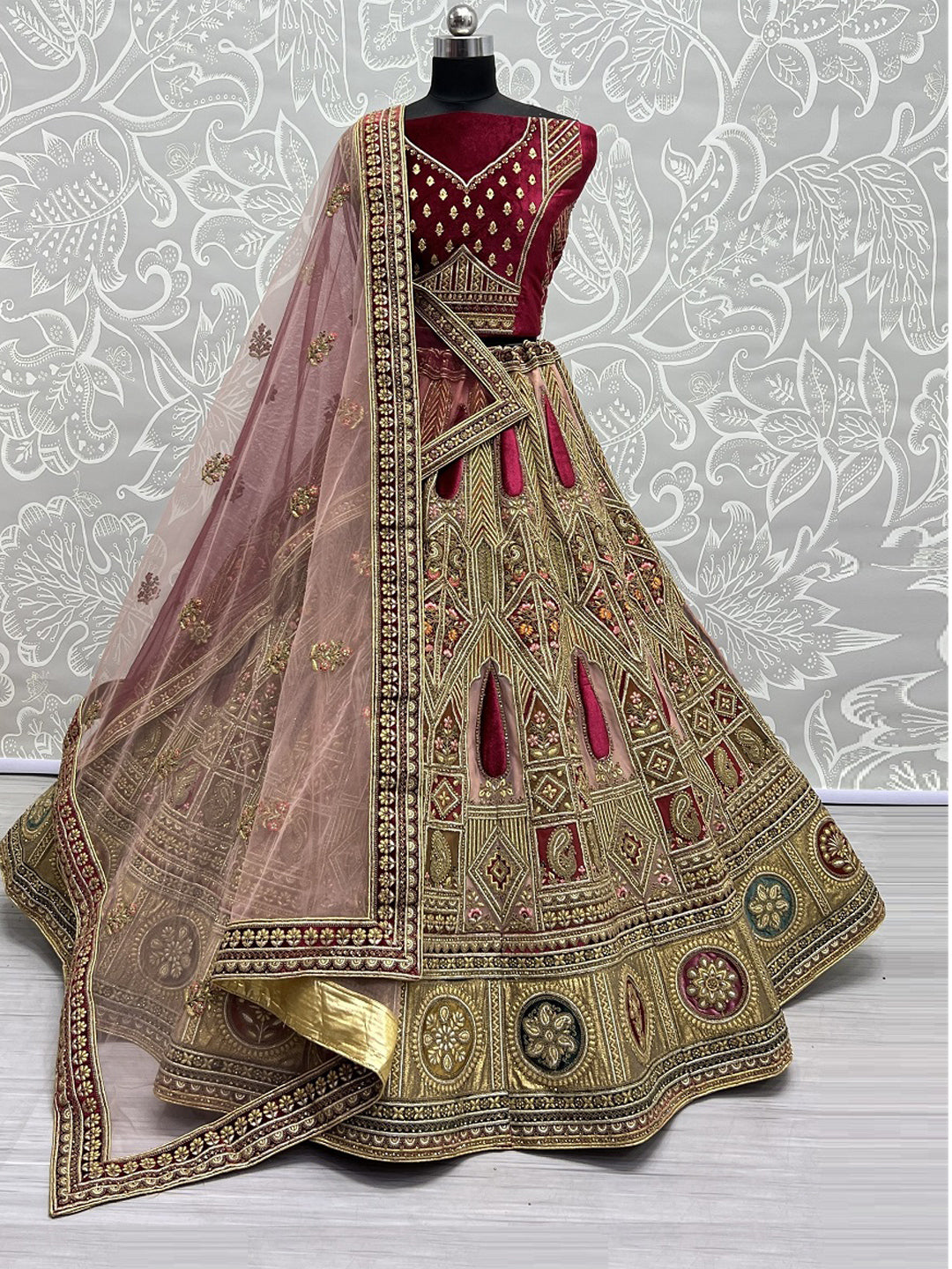 Silk Bridal Lehenga Choli with Double Dupatta With Embroidered work in Pink color-91055