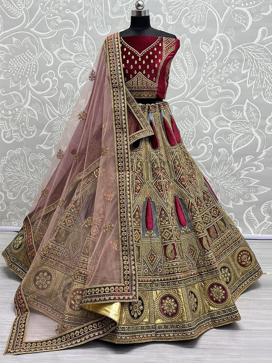 Silk Bridal Lehenga Choli with Double Dupatta With Embroidered work in Pink color-91056