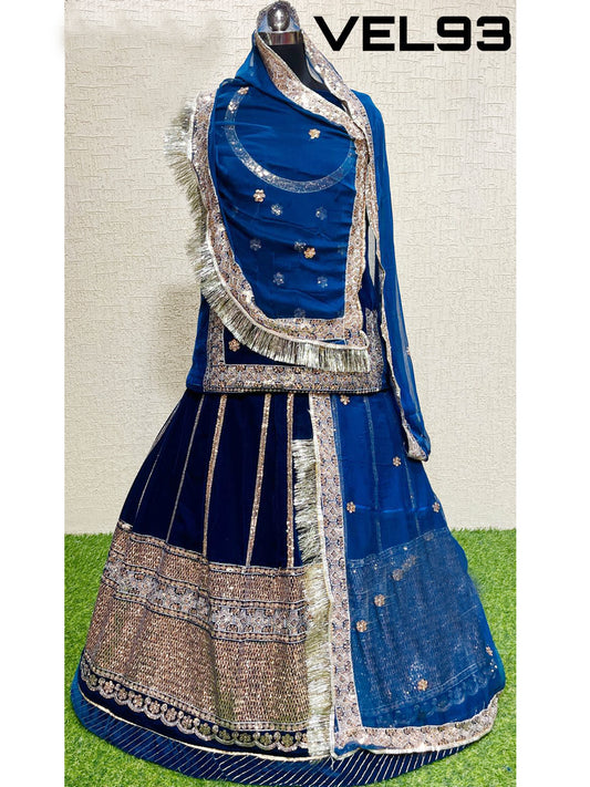 Velvet wedding Sangeet Sequence work Rajputi Poshak In Blue Color-82010