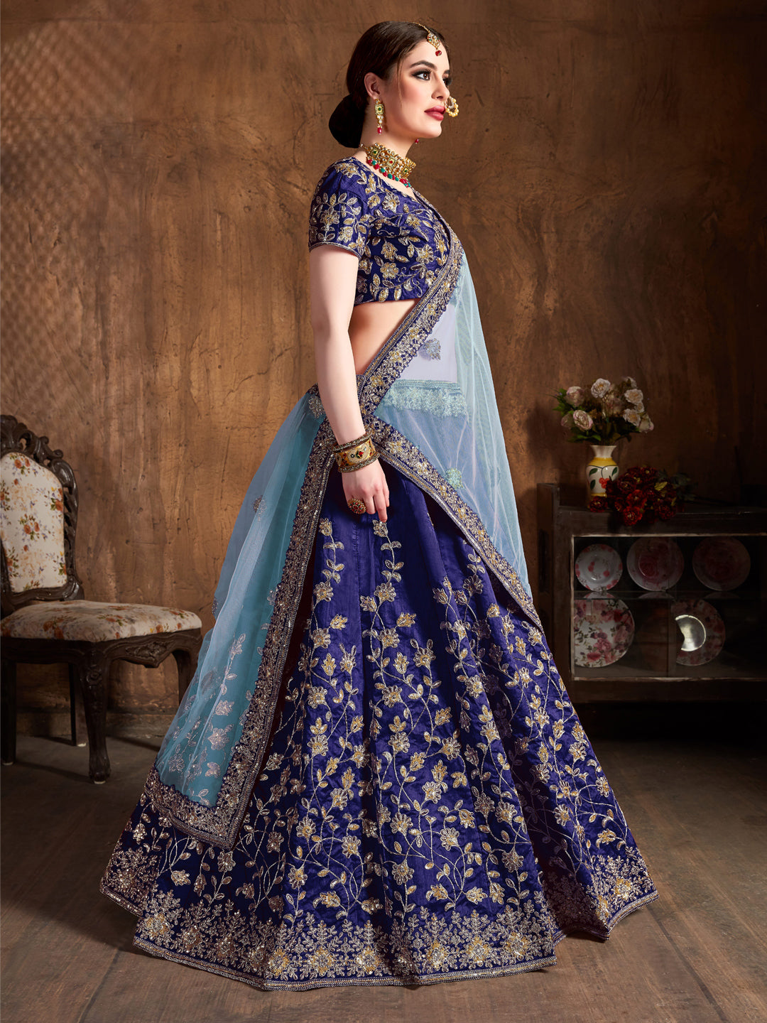 Raw Silk Engagement Sangeet Lehenga with Embroidered work in Blue color-82097