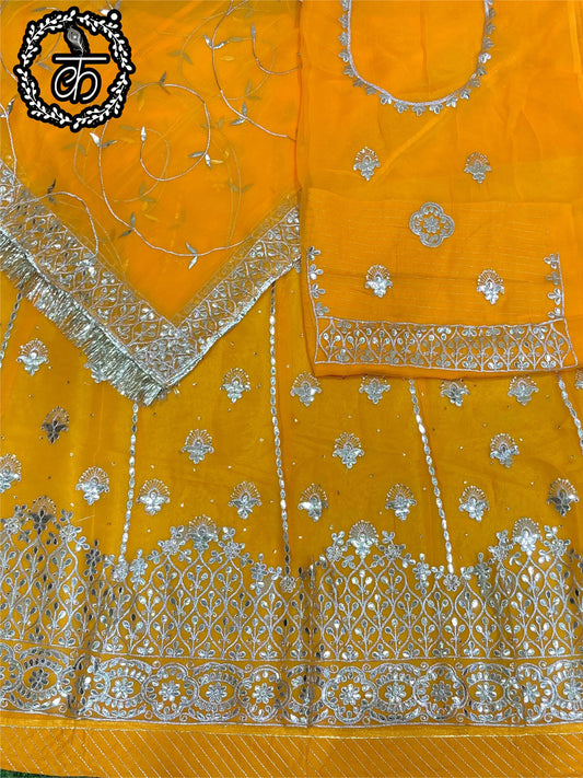 Half Pure Wedding Sangeet Fancy Gotta patti Rajputi Poshak In Yellow Colour-81161