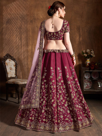 Raw Silk Engagement Sangeet Lehenga with Embroidered work in Maroon color-82098