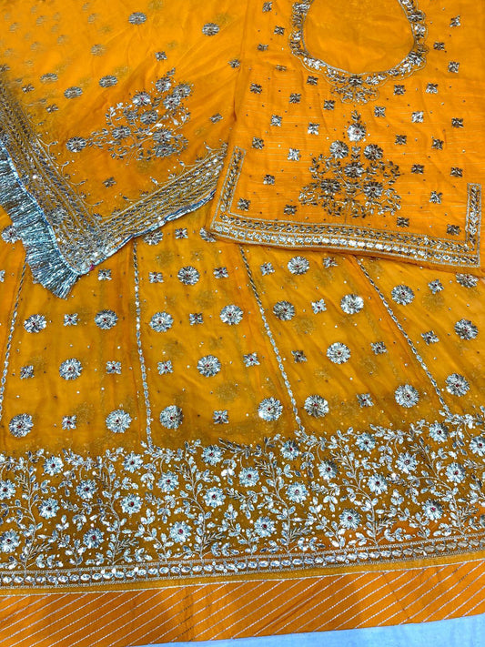 Copper Zari Humarahi Pure Wedding Sangeet Rajputi Poshak In Yellow Color-61049