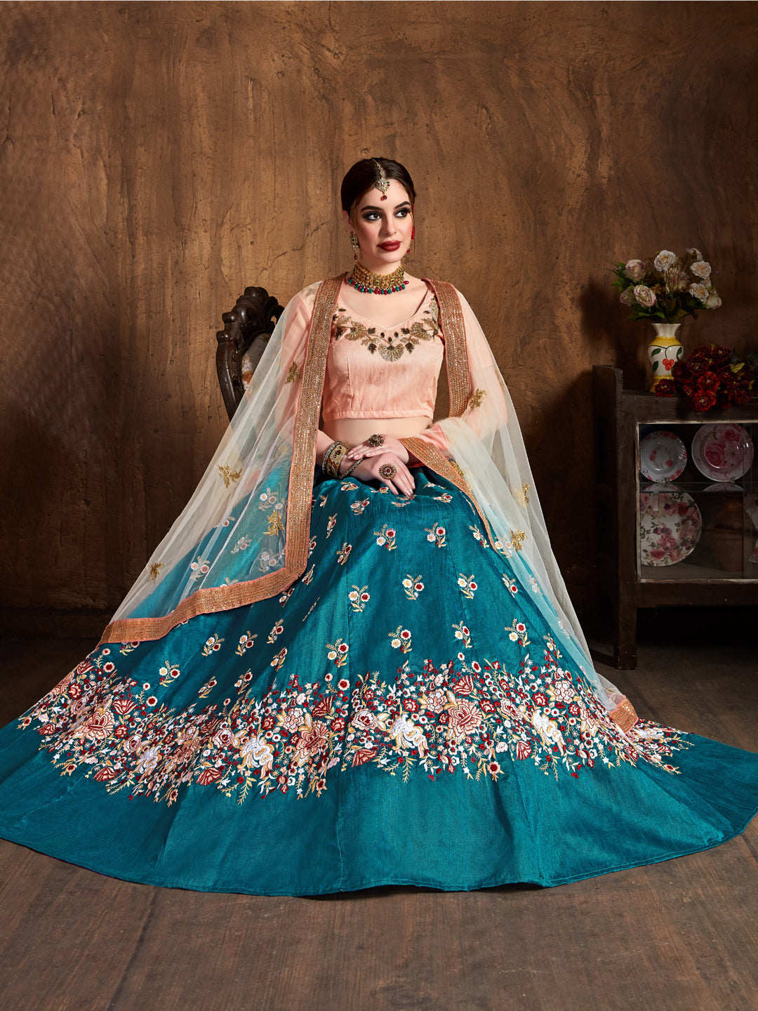 Raw Silk Engagement Sangeet Lehenga with Embroidered work in Blue color-82099