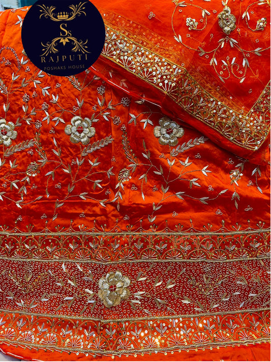 Bember Satin and Thakurgi Pure Bridal wedding Kundan dabka work Rajputi Poshak In Orange Color-81944