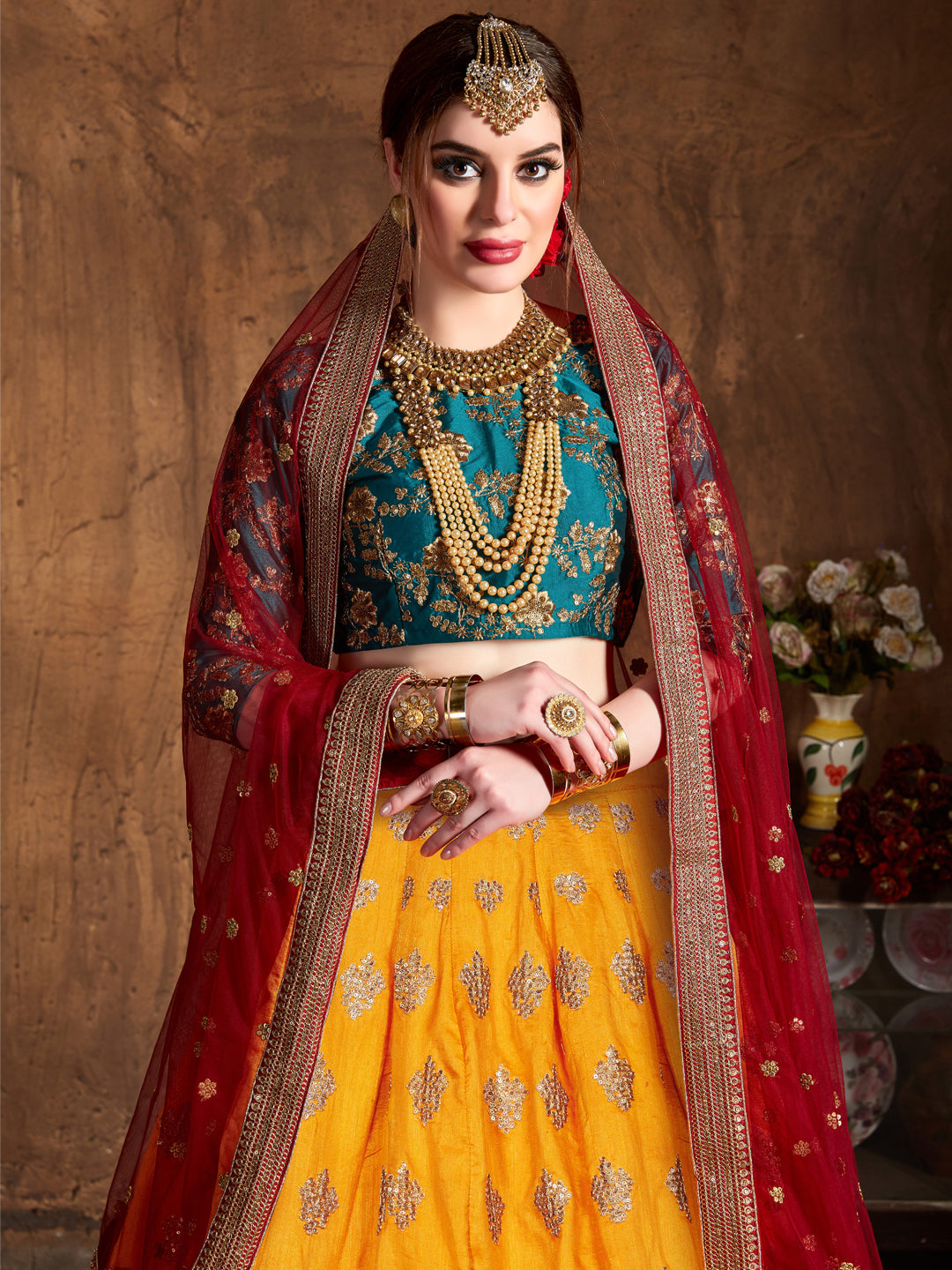 Banarasi Silk Engagement Sangeet Lehenga with Embroidered work in Yellow color-82110