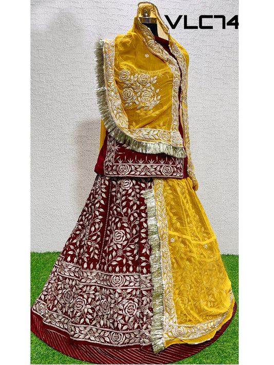 Codding Work Velvet Silk Rajputi Poshak In Maroon and Yellow color-81896