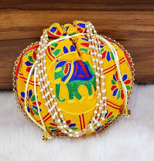 Designer Mulitcolor Embroidery Silk Elephant Handcrafted Potli-81393