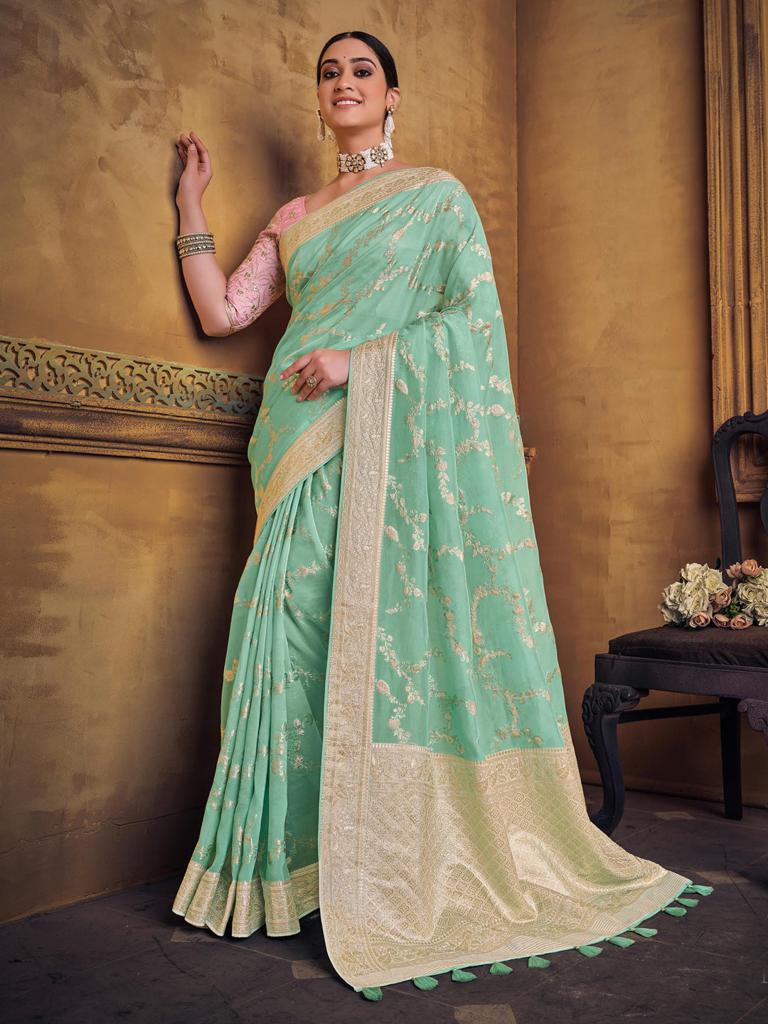 Zari Fancy Partywear South Indian wedding Saree In Blue Color-81610