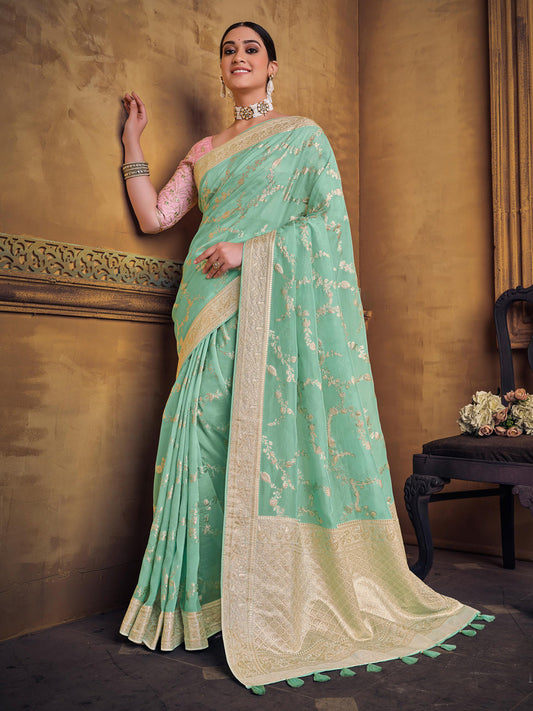 Zari Fancy Partywear South Indian wedding Saree In Blue Color-81610