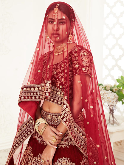 Silk Bridal Lehenga with Embroidered work in Maroon color-82122