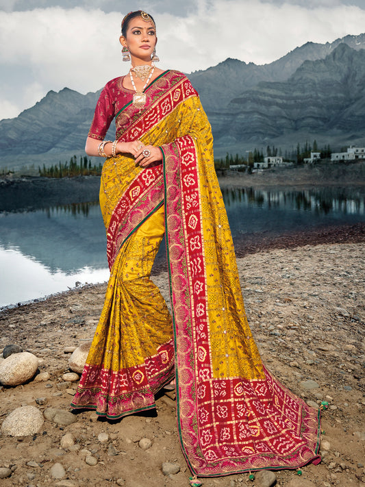 Original Mirror Pure Gjji Bandhej Printed Wedding Bridal Saree In Yellow Color-81664