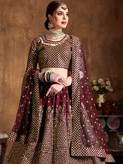 Raw Silk Engagement Sangeet Lehenga with Embroidered work in Maroon color-82105