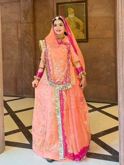 Upada Silk and Hamrahi Pure Wedding festivel kasab zari Work Rajputi Poshak In Peach Colour-60919