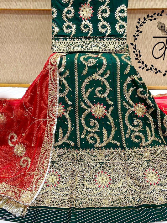Codding Work Upada Silk Rajputi Poshak In Green and Red Color-81900