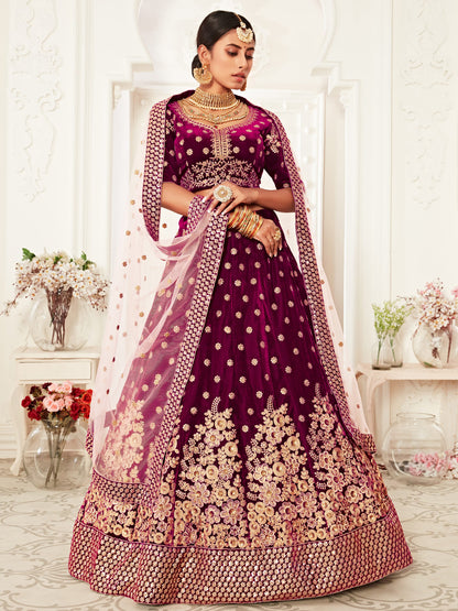 Velvet Bridal Lehenga with Embroidered work in Purple color-82114