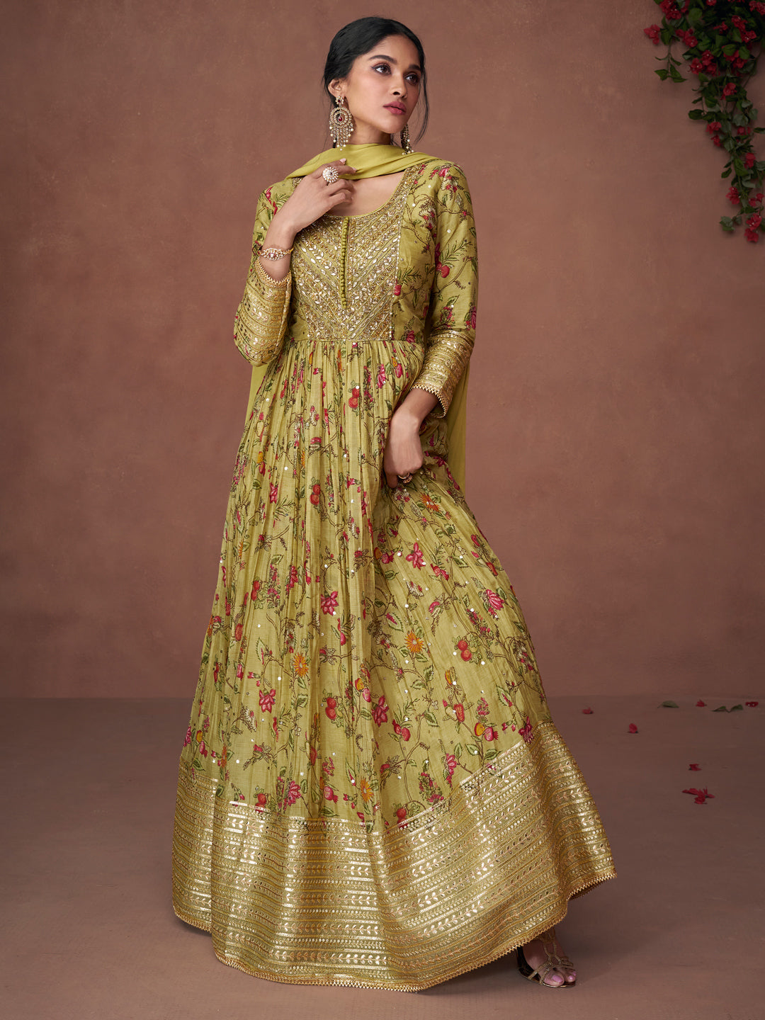 Sequence Pure Organza Silk Free Size Gown style Salwar Kameez in Yellow-71043