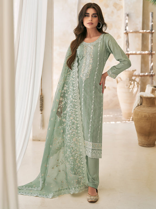 Embroidered Silk Un-Stitched Salwar Kameez in Green Color-81593