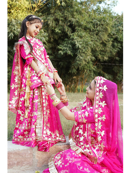 Satin Mother Daughter Wedding Gota Patti Work Semi Stitched Designer Rajputi Poshak in Pink color-81378