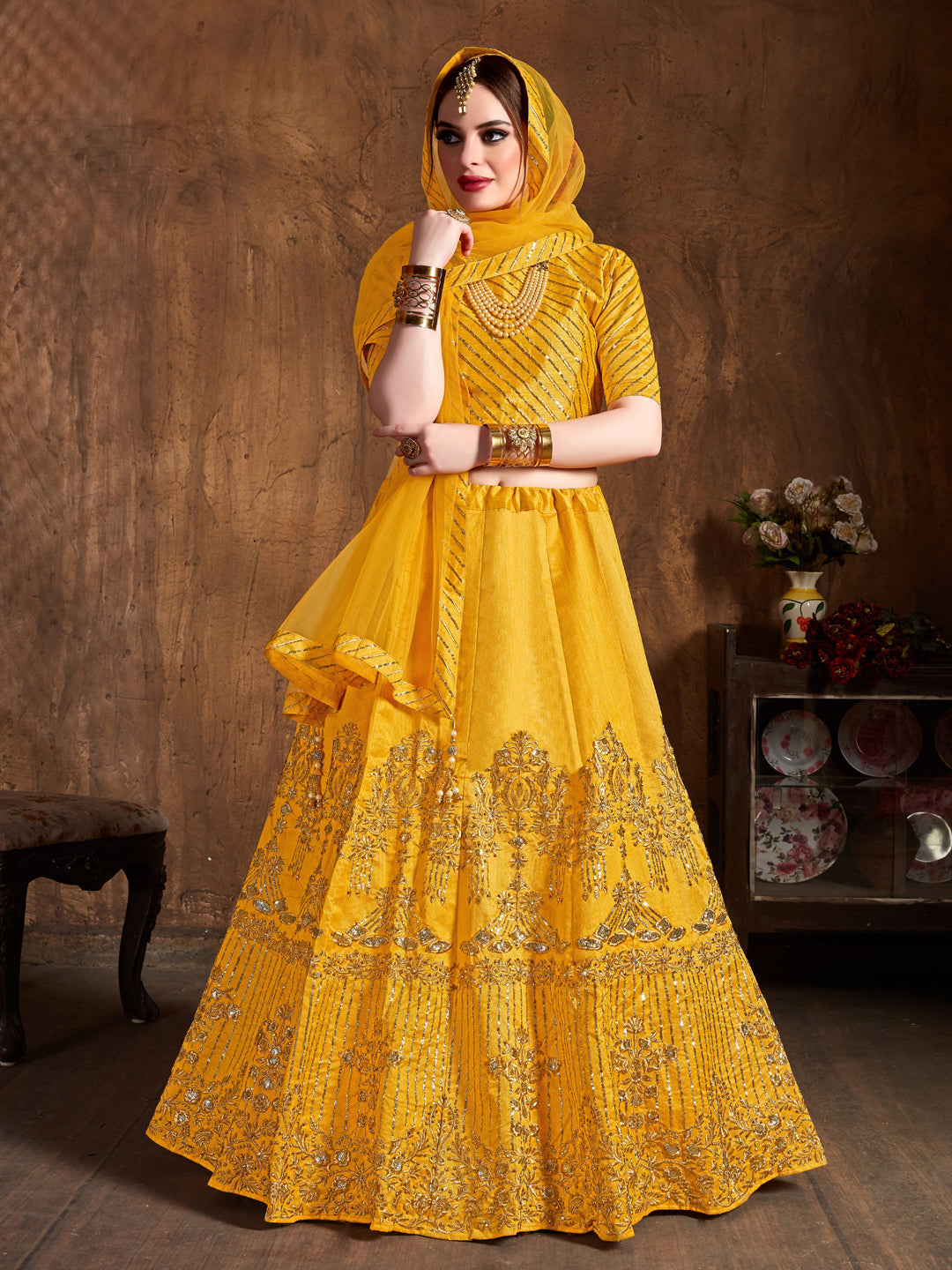 Art Silk Engagement Sangeet Lehenga with Embroidered work in Yellow color-82112