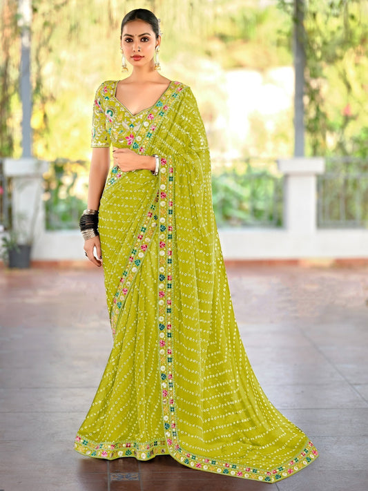 Georgette with Bandhej Printed Sequence work Saree in Green color-41013