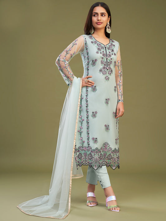 Thread Embroidered Banglori Silk and Net Salwar Kameez in Green Color-81601