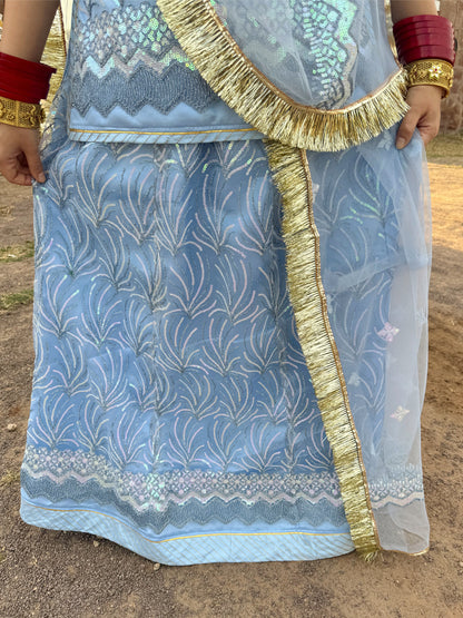 Net with sequence work Semi Stitch Rajputi Poshak In Light Blue color-81146