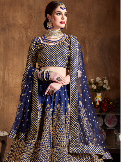 Raw Silk Engagement Sangeet Lehenga with Embroidered work in Blue color-82104