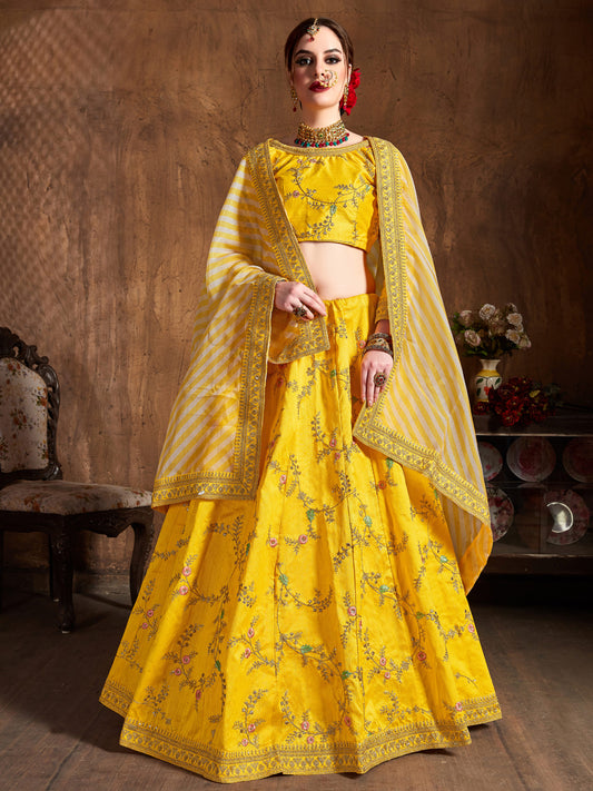 Mulberry Silk Engagement Sangeet Lehenga with Embroidered work in Yellow color-82109