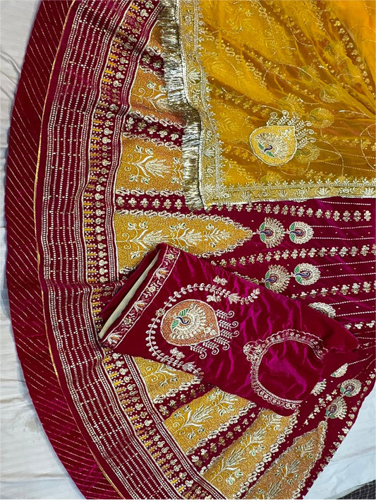 Velvet Humrahi Pure Wedding Sangeet Codding Jari work Rajputi Poshak In Red and Yellow Colour-81927