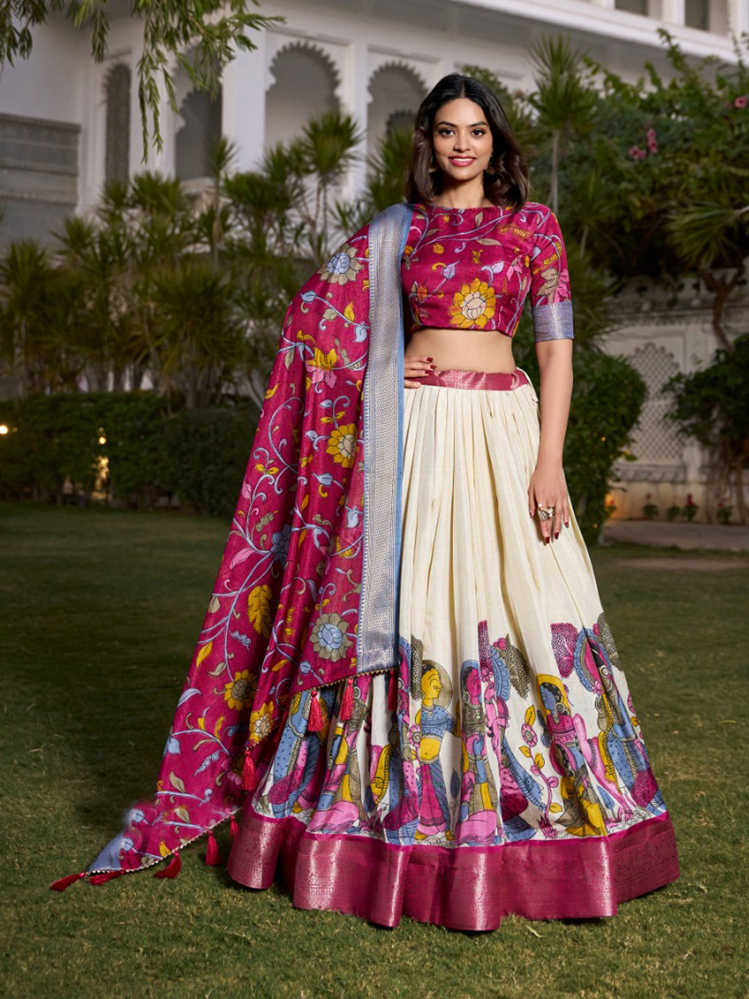 Kalamkari Printed Jacquard Silk wedding sangeet Semi-Stitched Lehenga Choli -91084