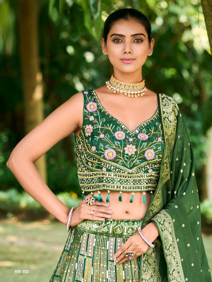 Embroidered Silk Bridal Lehenga in Green color-81808