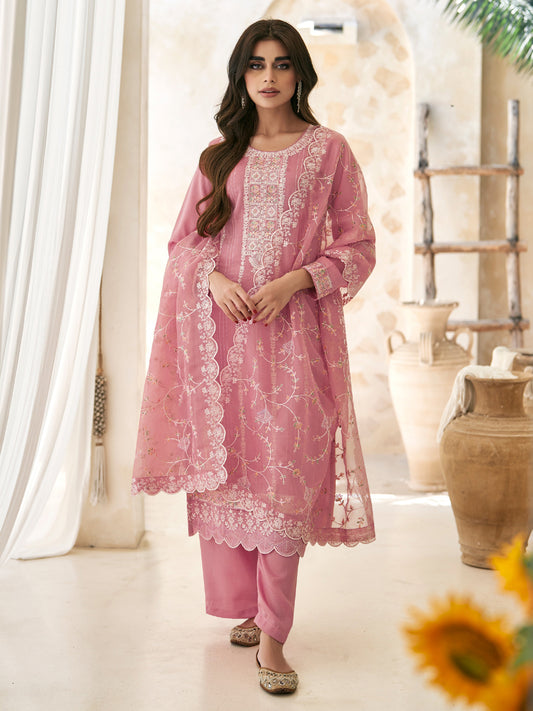 Embroidered Silk Un-Stitched Salwar Kameez in Pink Color-81594