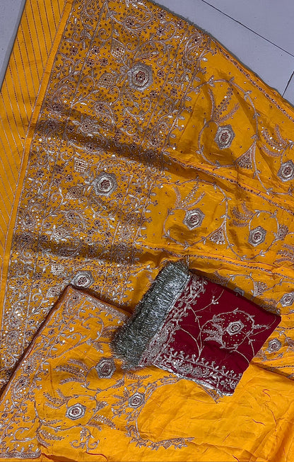 Jari with kundan Pure Upadda Silk Traditional Stitched Rajputi Poshak In Yellow