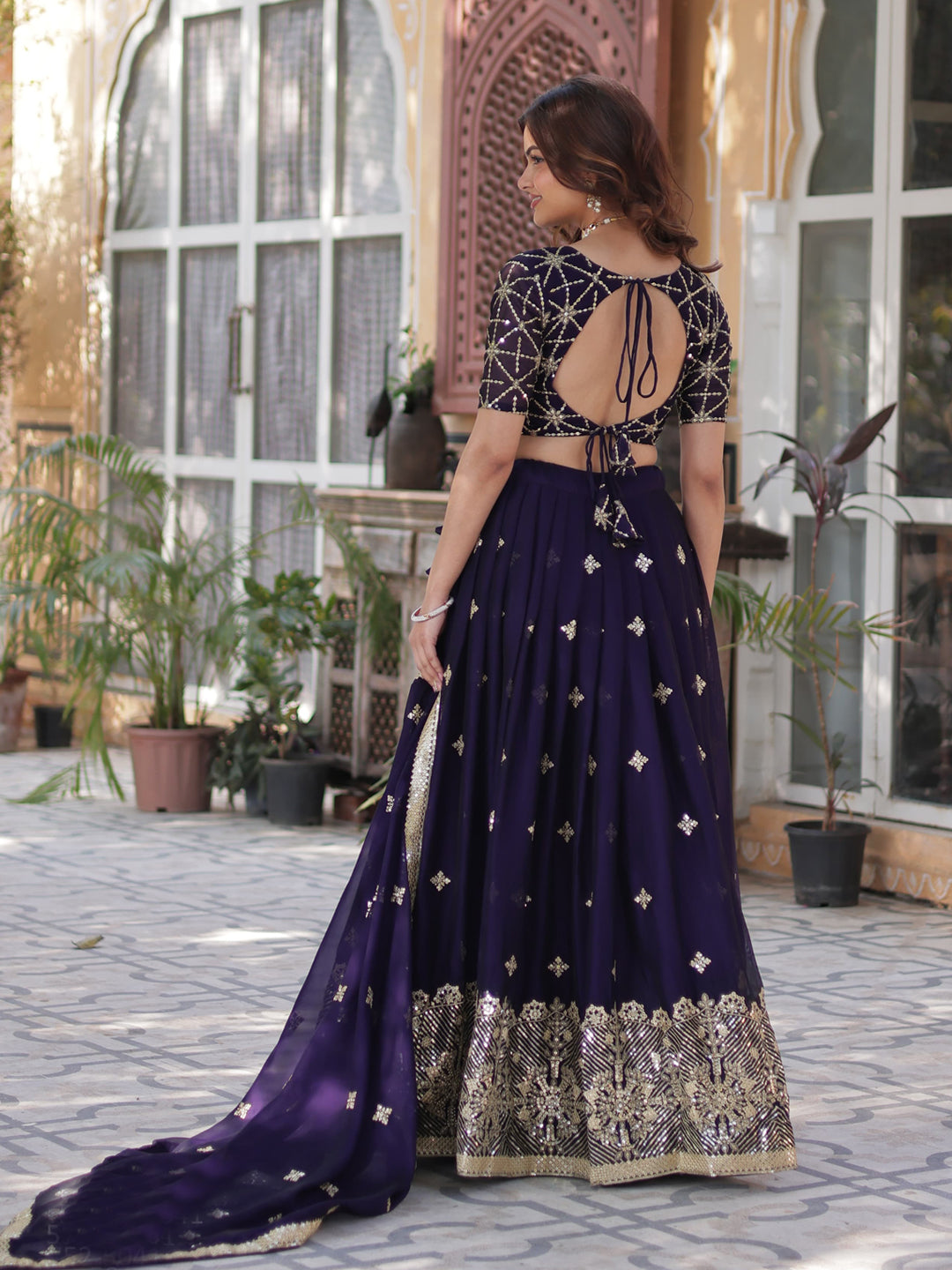 Sequins Embroidered Silk Semi-Stitched Lehenga Choli In Blue color -91076