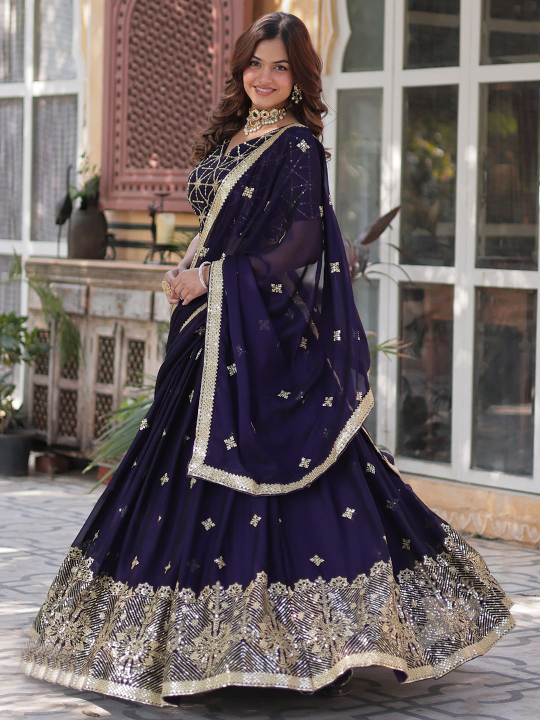 Sequins Embroidered Silk Semi-Stitched Lehenga Choli In Blue color -91076