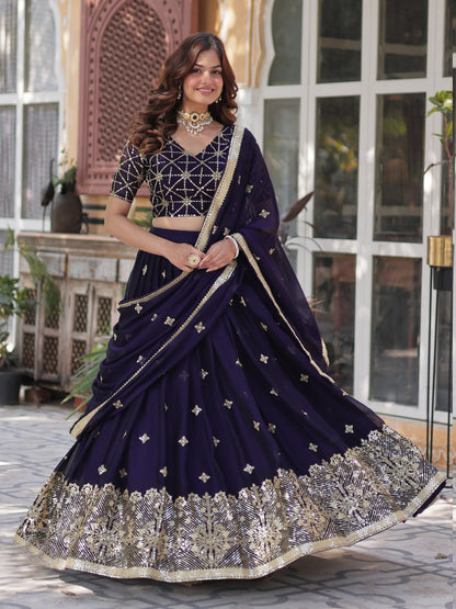 Sequins Embroidered Silk Semi-Stitched Lehenga Choli In Blue color -91076