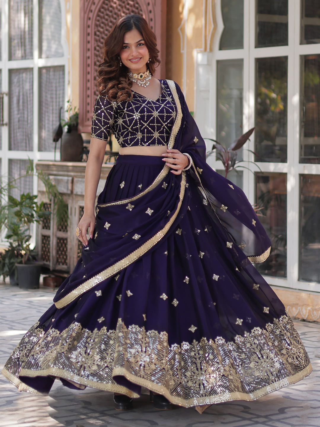 Sequins Embroidered Silk Semi-Stitched Lehenga Choli In Blue color -91076