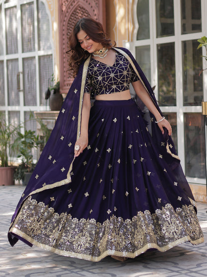 Sequins Embroidered Silk Semi-Stitched Lehenga Choli In Blue color -91076