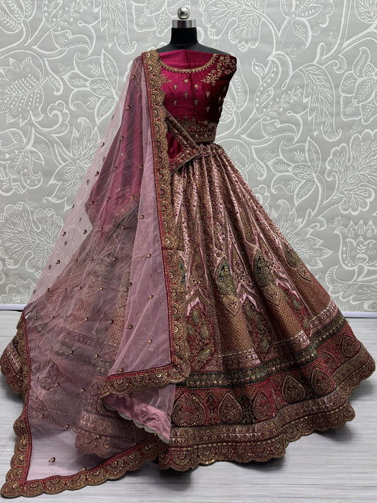 Velvet Bridal Lehenga Choli with Double Dupatta With Embroidered work in Rani color-91058