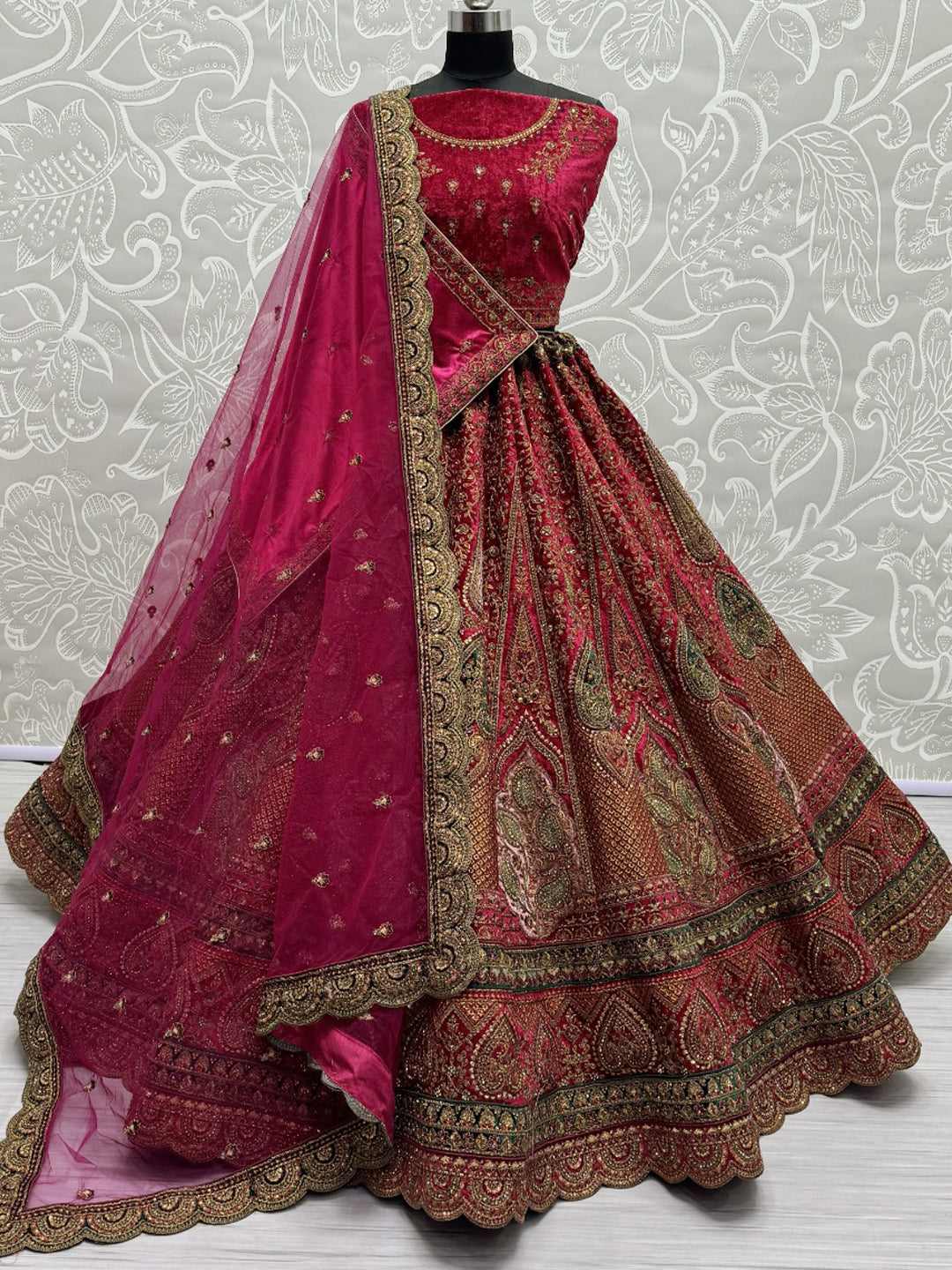 Velvet Bridal Lehenga Choli with Double Dupatta With Embroidered work in Rani color-91059