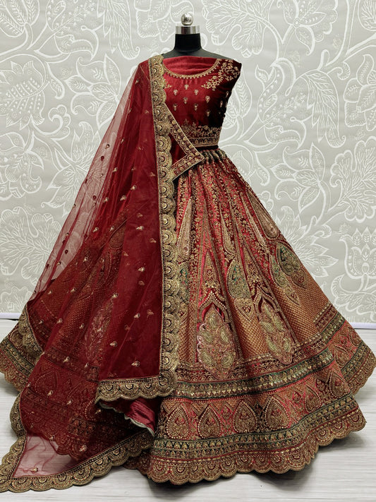 Velvet Bridal Lehenga Choli with Double Dupatta With Embroidered work in Red color-91061