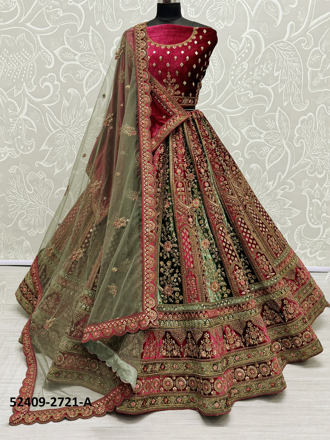 Velvet Bridal Lehenga Choli with Double Dupatta With Embroidered work in Red color-91062