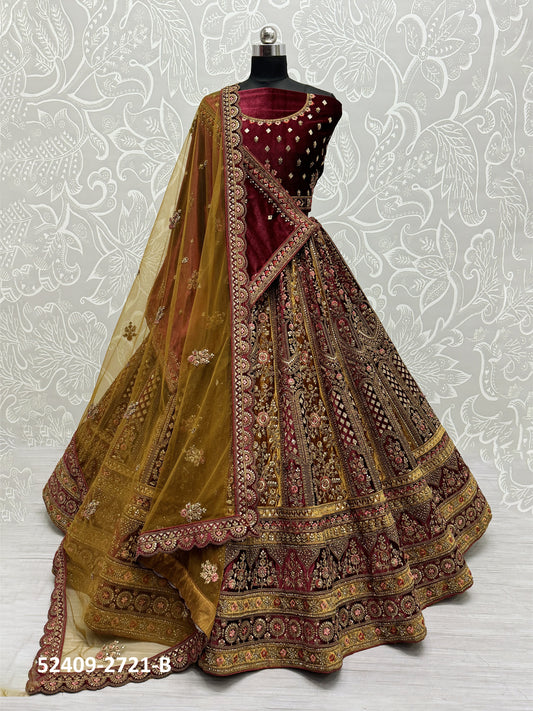 Velvet Bridal Lehenga Choli with Double Dupatta With Embroidered work in Red color-91063