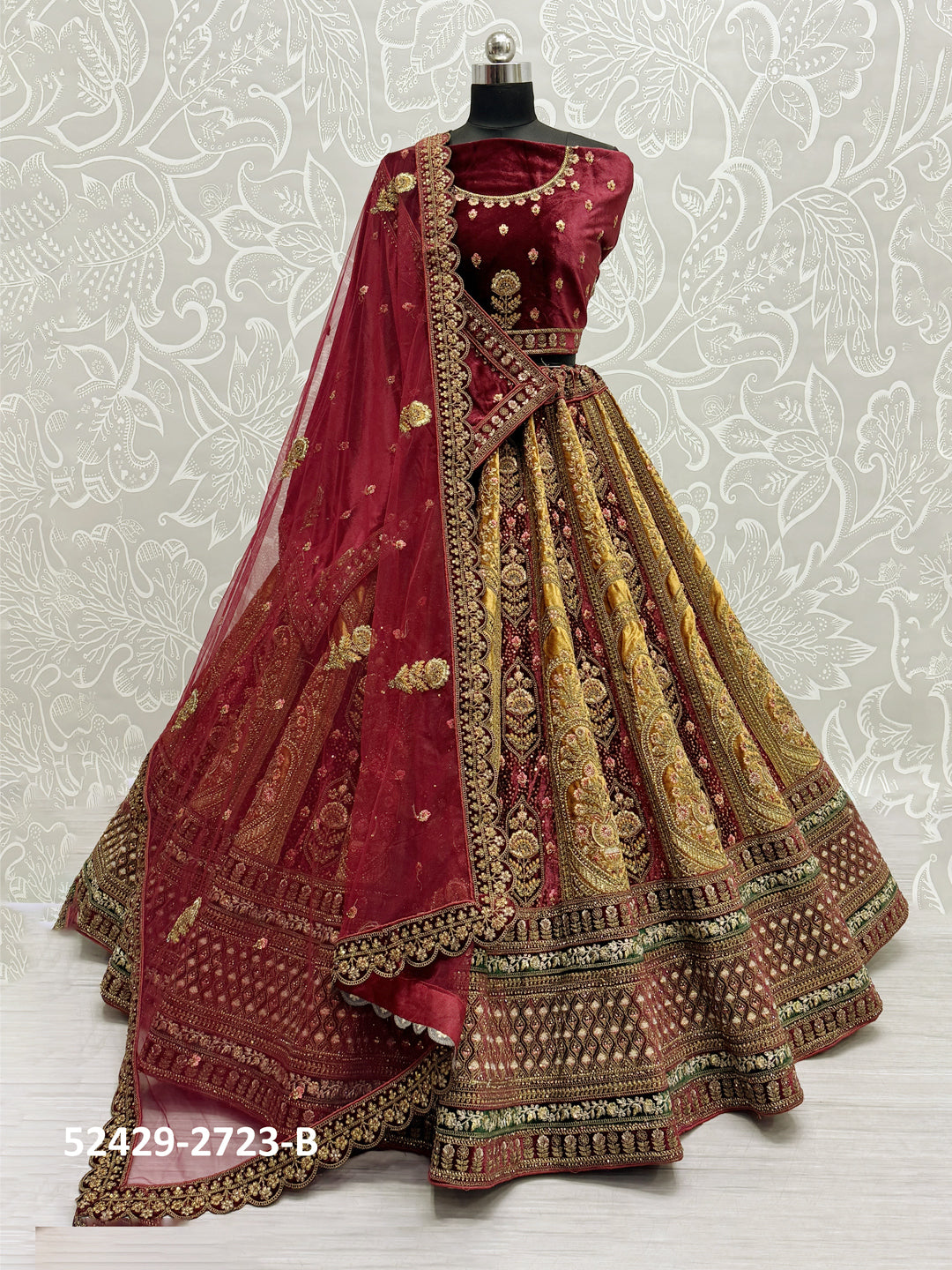 Velvet Bridal Lehenga Choli with Double Dupatta With Embroidered work in Red color-91064