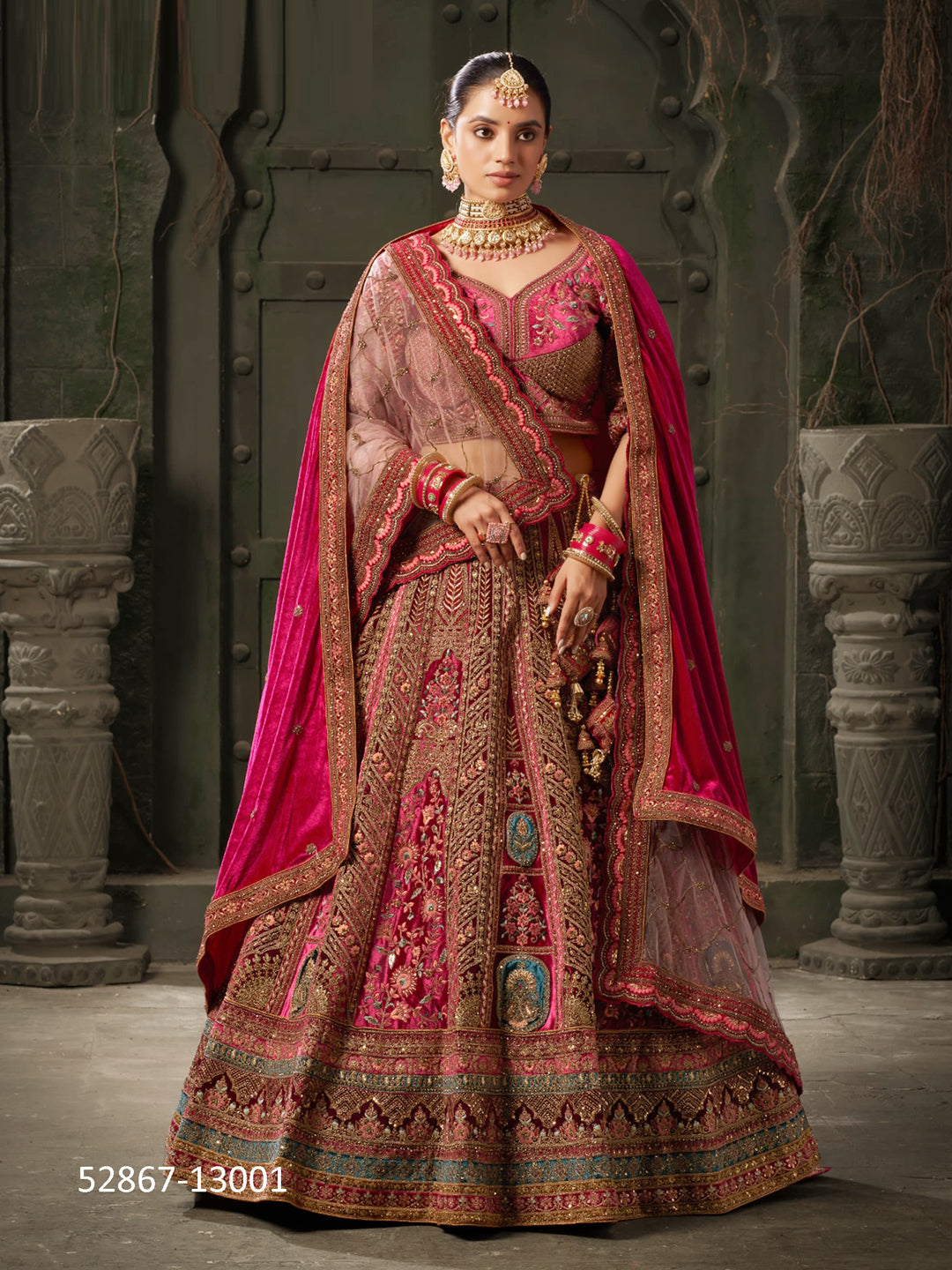 Velvet Bridal Lehenga Choli with Double Dupatta With Embroidered work in Pink color-91066