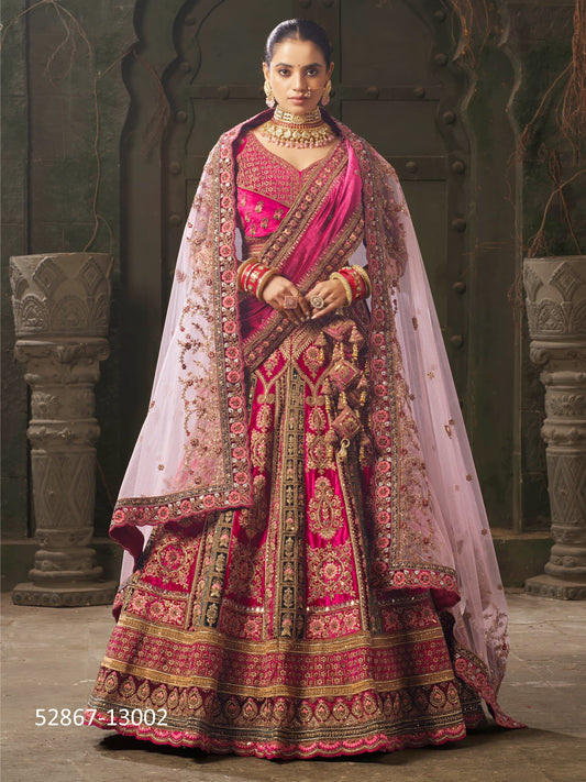 Velvet Bridal Lehenga Choli with Double Dupatta With Embroidered work in Pink color-91068